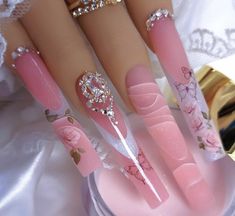 Luminous Nails, Fancy Nails Designs, Beauty Nails Design, Exotic Nails, Long Acrylic Nails Coffin, Acrylic Nails Coffin Pink, Pink Acrylic Nails