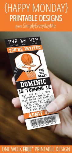 a person holding up a basketball ticket with the words happy monday printable designs on it