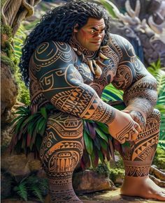 an image of a man with tattoos on his body and arms sitting in the jungle