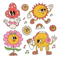 cartoon sunflowers and flowers with music notes on their heads, one is singing