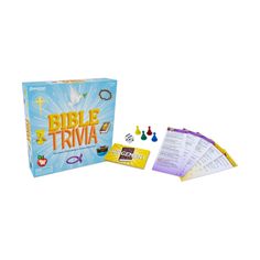 the bible trivia game is shown in front of it's box and contents