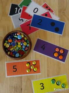 the numbers are placed next to each other in front of a bowl with candy on it