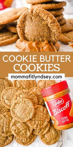 cookies and peanut butter are stacked on top of each other with the words, cookie butter cookies