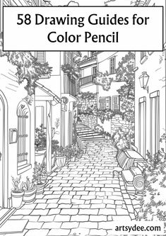 a coloring book with the title'58 drawing guides for color pencil'in black and white