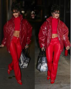 Red Leather Pants Outfit Street Styles, Monochromatic Red Outfit, All Red Outfit Black Women, Red Jacket Outfit Winter, Red On Red Outfit, Monochrome Red Outfit, Red Monochromatic Outfit, Red Monochrome Outfit