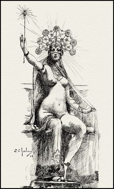 a drawing of a woman sitting in a chair with flowers on her head and holding a wand