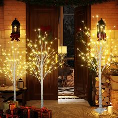 three lighted trees in front of a door