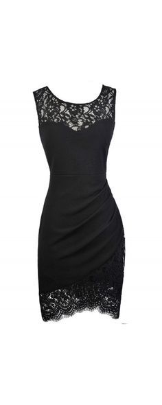 Lace Trim Pencil Dress with Crossover Hem in Black www.lilyboutique.com Evening Dress Short, Dress Classy, Black Prom Dress, Homecoming Dress, Pencil Dress, Dress Short, Featuring Dress, Look Fashion