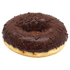 a chocolate frosted donut on a white background