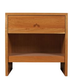 a wooden night stand with one drawer and two shelves on each side, against a white background