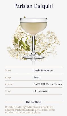 the cocktail menu for parisian daiquiri, which is served in a coupe glass and garnished with white flowers