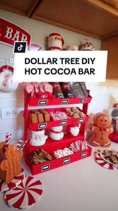 a red shelf filled with lots of different types of food and candy canes on top of it