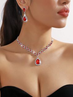 1pc Red Crystal Necklace And 1pair Red Crystal Stud Earrings Red    Artificial Crystal     Women Fashion Jewelry, size features are:Bust: ,Length: ,Sleeve Length: Dark Red Jewelry, Red Diamond Necklace, Garnet Jewelry Necklace, Ruby Choker Necklace, Ruby Red Necklace, Red Choker Necklace, Red Jewelry Set, Red Crystal Necklace, Glitter Necklace