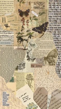 an altered collage with many different things in the background and words written on it