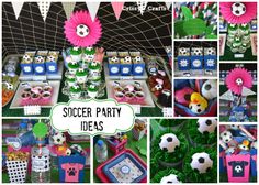 this is a collage of pictures with soccer themed items and decorations on display for party guests to enjoy