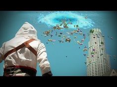 a person in a white suit is looking up at the sky with many kites flying around him