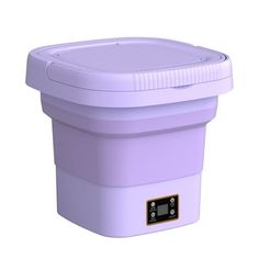 a purple plastic container with a black button on the side and a white lid is shown in front of a white background