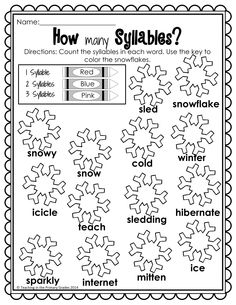 a snowflake worksheet with the words how many syllables?