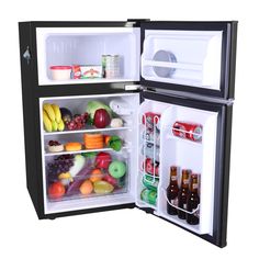 an open refrigerator filled with lots of different types of foods and drinks, including fruit