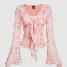 ***Brand New Never Worn*** Women's Floral Print Bell Sleeve Tie Front Mesh Blouse Bought On Amazon For $24.99. (See Last Pic). Size: L *Size: L Ships Same Day. Other Sizes Are Available But May Take 7-10 Days To Ship. Please Message Me If You Need A Different Size.* Color: Pink Style: Casual Pattern: Tie Dye, Floral Print Details: Asymmetrical, Lettuce Trim, Ruched Sleeve Type: Flounce Sleeve, Flare Sleeve Sleeve Length: Extra Long Sleeve Hem Shaped: Asymmetrical Fit Type: Slim Fit Neckline: V N Mode Rose, Flare Long Sleeve, Mesh Blouse, Extra Long Sleeves, Long Sleeve Tee Shirts, Look Vintage, Front Tie Top, Inspiration Mode, Tie Dye Print