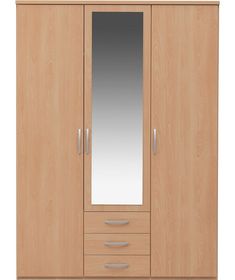 a wooden wardrobe with mirrored doors and drawers