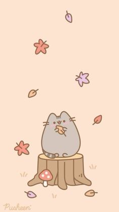 a cartoon cat sitting on top of a tree stump with mushrooms and leaves around it