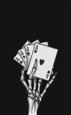 a skeleton hand holding four playing cards in it's left hand, with hearts and spades on their fingers