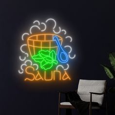 a neon sign that says sushi in front of a dark room with a chair and potted plant