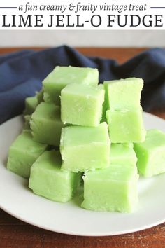 lime jello fudge on a white plate with text overlay that reads, a fun creamy and fruity vintage treat