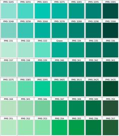 the pantone color chart for green is shown in shades of teal and blue