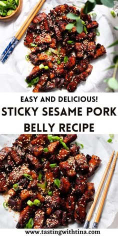 Sticky sesame pork belly is a delicious treat for the whole family! With everything done in under an hour, this dish is perfect for a weeknight or a hit for serving a crowd.I always order pork belly at restaurants, but I had never tried making at home. Now that I have, I’m hooked, and you should be too! Sesame Pork, Asian Pork, Pork Belly Recipes, Chinese Cooking Recipes, Dinner Inspiration, Easy Pasta Recipes, Chinese Cooking, Pork Dishes, Asian Cooking