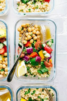 four plastic containers filled with different types of salads and vegetables on top of each other