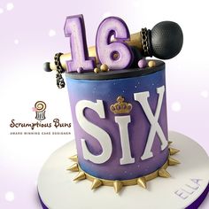 a purple and white cake with the number sixteen on it's top is shown