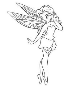 the tinkerbell fairy coloring page is in black and white, with an outline of her