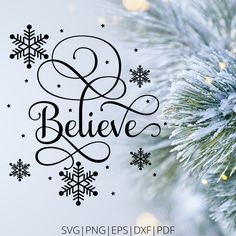 a christmas ornament with the words believe and snowflakes hanging from it