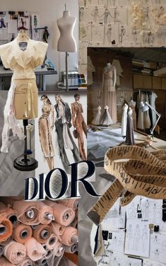 a collage of photos with mannequins, dresses and letters on them