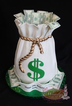 a money bag cake that is on top of a plate