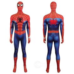 the amazing spider - man cosplay costume is shown in full body blue and red