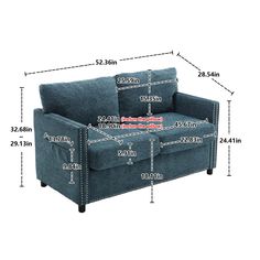 a blue couch with measurements for it