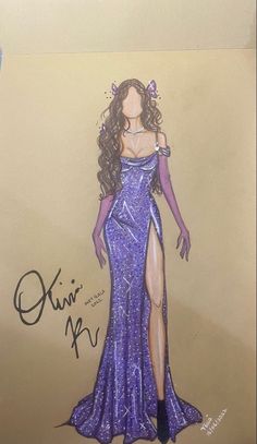 a drawing of a woman in a purple dress with long legs and high slits