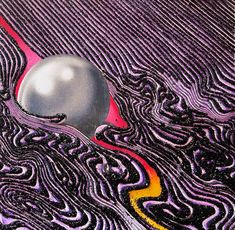 an abstract painting with black, purple and yellow lines on the ground next to a silver ball