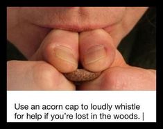 a person holding their hands together with the words use an acorn cap to loudy whistle for help if you're lost in the woods