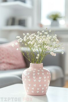 pink vase white flowers hearts living room decor Vase White Flowers, Pink Vases, Pink Living Room Decor