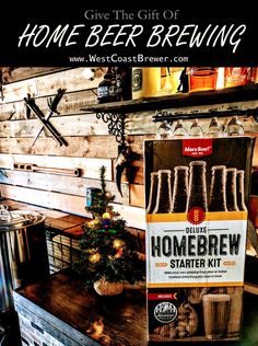 a beer bottle sitting on top of a wooden table in front of a christmas tree