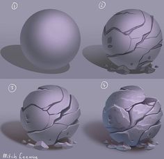 three dimensional renderings of an egg with cracked eggshells, and the top one showing