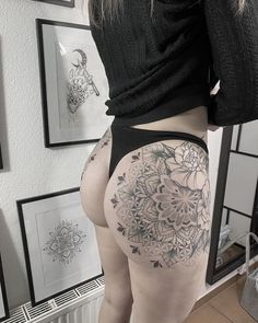 Mandala Flower Hip Tattoo, Bum Mandala Tattoo, Hip Mandala Tattoo, Big Mandala Tattoo, Mandala Tattoo Hip, Dotwork Tattoo Mandala Dots, Glute Tattoo, Mandala Leg Tattoo, Under Buttocks Tattoo