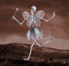 a skeleton dressed as a fairy dancing on a hill with an arrow in its hand