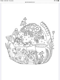 a drawing of a mushroom house surrounded by plants and mushrooms