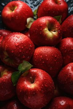 a pile of red apples with water droplets on them and green leaves in the middle