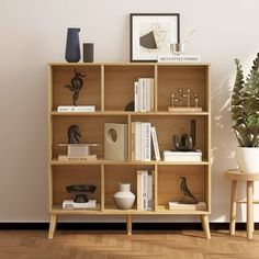 a wooden shelf filled with books next to a potted plant on top of a hard wood floor